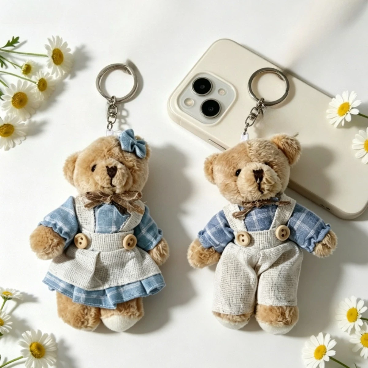 Kawaii Matching Couple Teddy Bear Keychain Soft Fluffy Plush Doll Grid Clothes Mini Bear Pendant Wedding Favor Backpack Decor