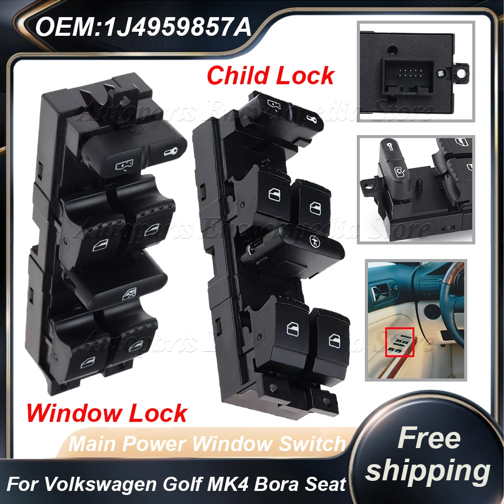 Main Power Window Switch 1J4959857A For Volkswagen Golf MK4 Bora Seat Skoda Octavia MK1 Fabia 1J4 959 857 A Red light