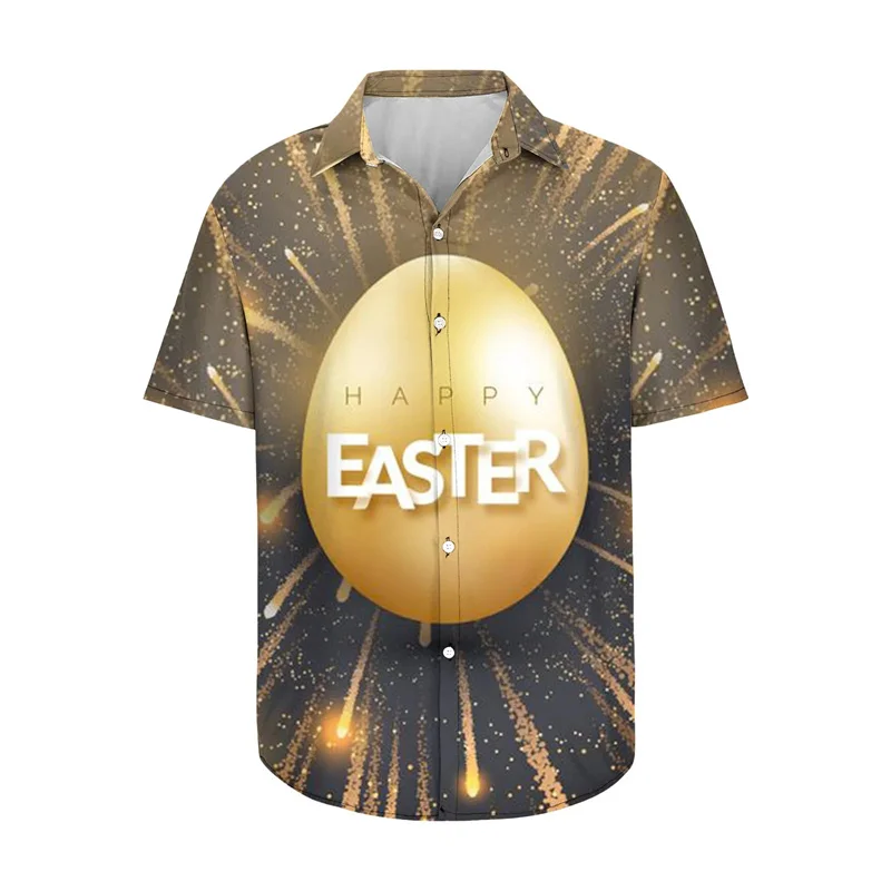 Happy Easter 2024 Hawaiian Shirts For Men Rabbit Egg Printed Button Down Shirts Summer Casual Holiday Beach Party Shirt Men Tops