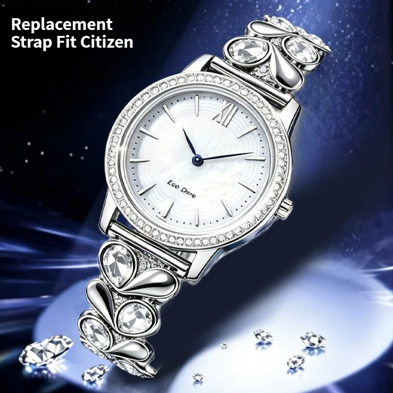 14MM Diamond Inlaid Stainless Steel Watch Band For Women, Replacement Strap Fit Citizen EX1480/84 Eco-Drive Q&Q Falcon Q997