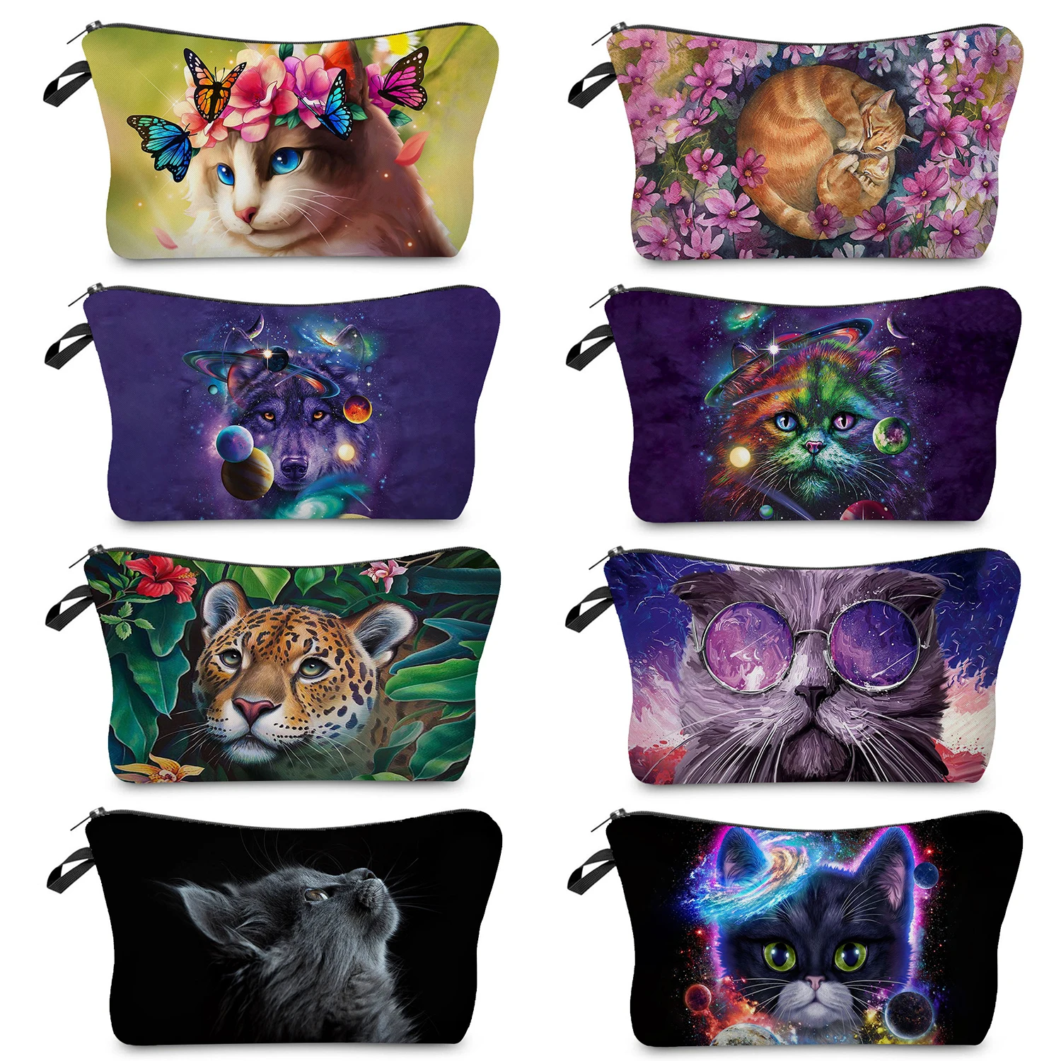 Neceser con estampado de animales para mujer, bolsa de aseo con diseño artístico de dibujos animados, organizador portátil para viaje, maquillaje, patrón de gato y mariposa