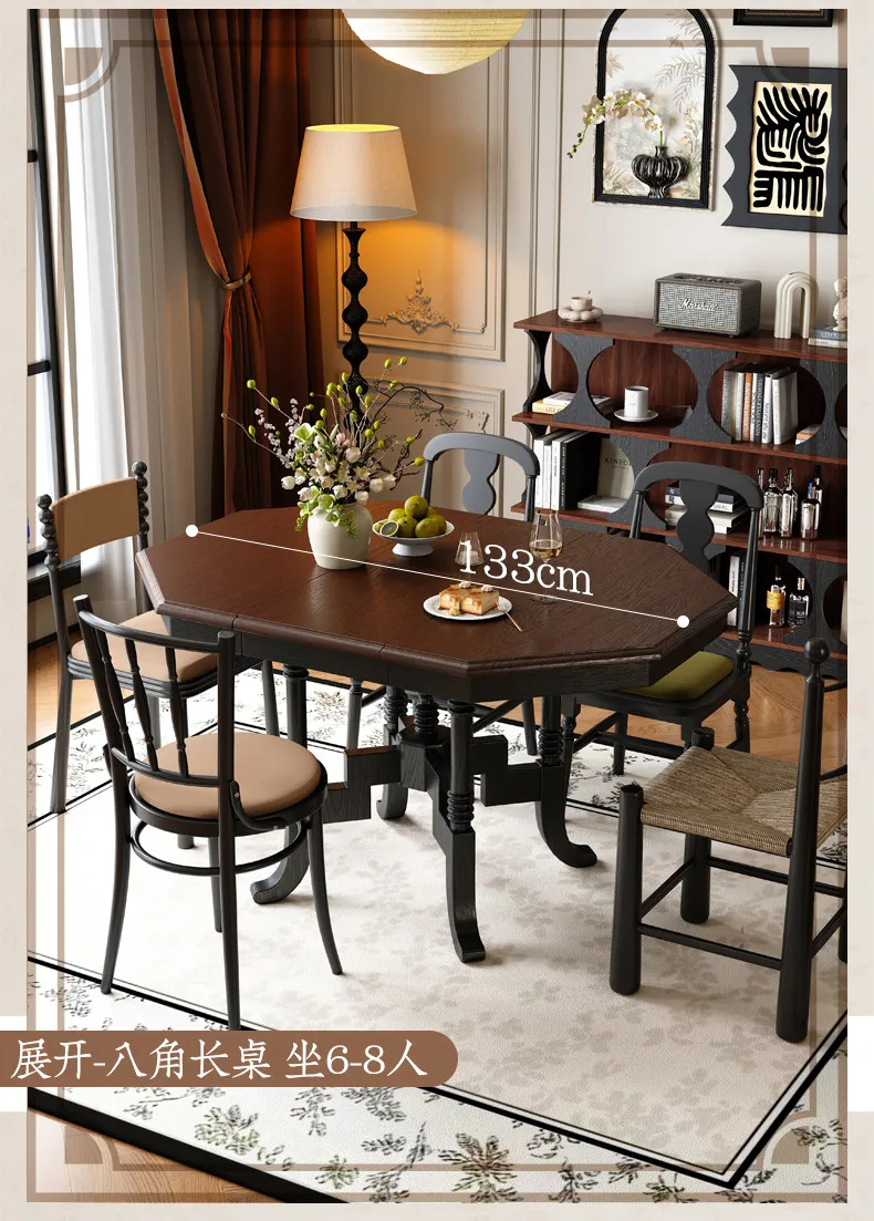 LMM solid wood octagonal retractable dining table French retro round table small apartment