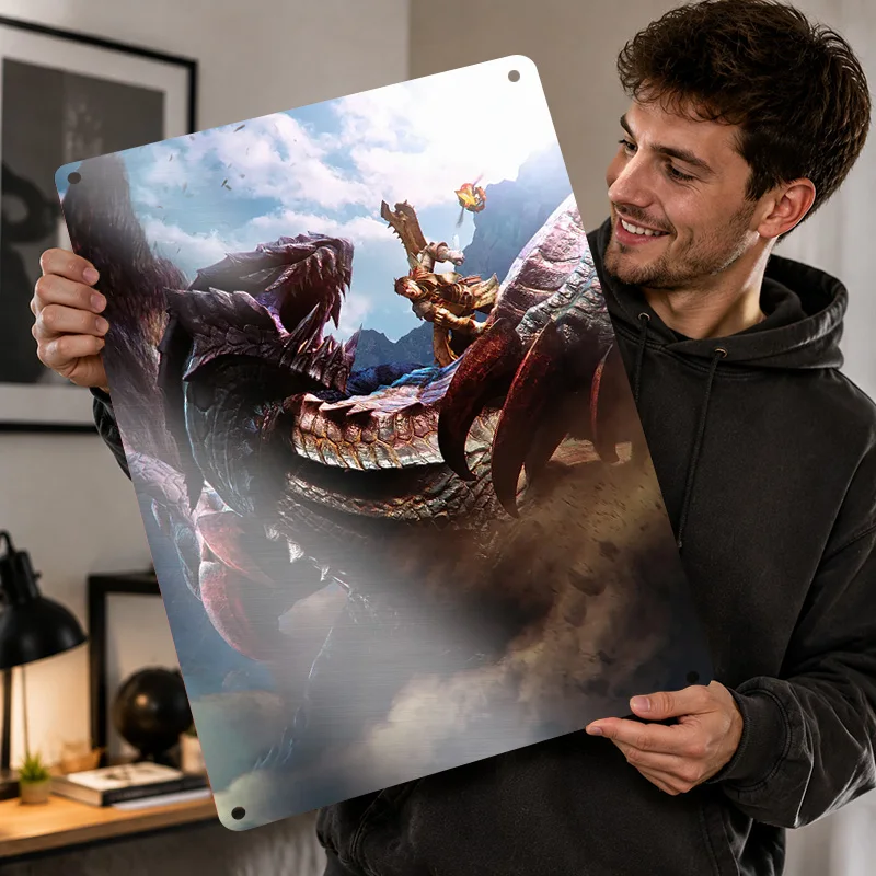Monster Hunter Textured Posters Customized Aluminum Metal Sign Pixel Era Culture Wall Art Perfect For Arcade Room And Players