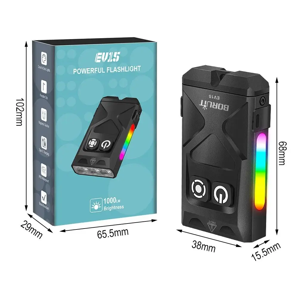 BORUiT EV15 LED UV EDC مصباح يدوي سلسلة مفاتيح مغناطيسية ضوء العمل نوع-C قابلة للشحن الشعلة قبعة كليب مصباح التخييم جيب فانوس