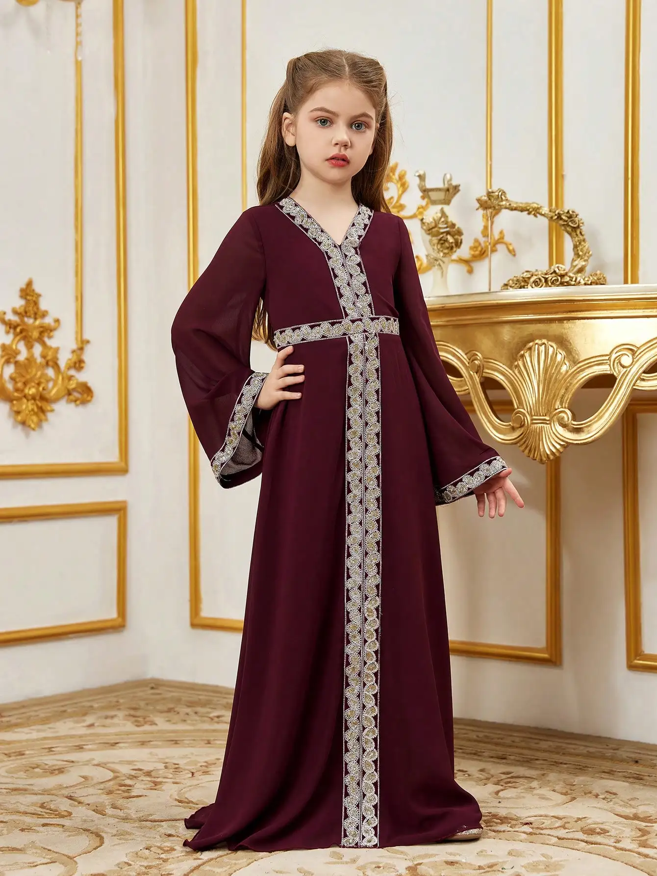 Flare Sleeve Patchwork Ribbon & Chiffon Party Dress,V-Neck Long Sleeve Color Block Knit Dress with Lace Decoration