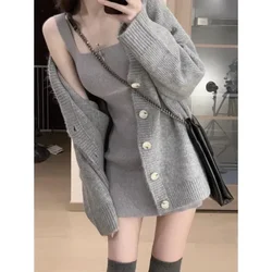 Gray 2 Piece Dress Set Women Casual Long Sleeve Cardigan + Bodycon Strap Sweater Dress Evening Party Knitted Suit 2024autumn