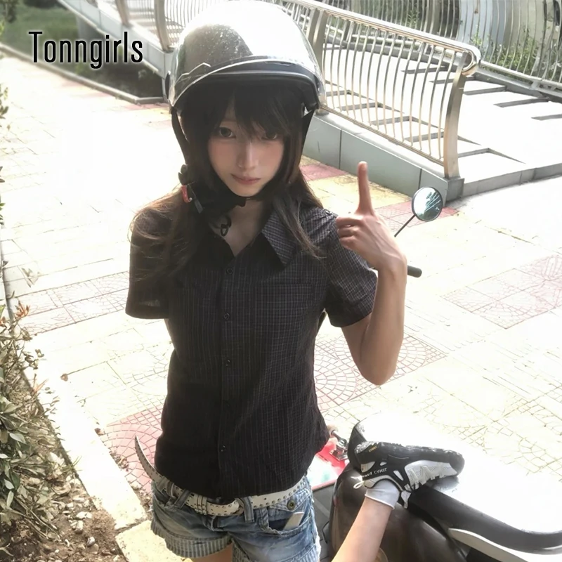 

Tonngirls Y2k Japanese Plaid Shirt Women Short Sleeve Vintage Tops American Retro Blouse And Shirt Streetwear Fairycore Shirts