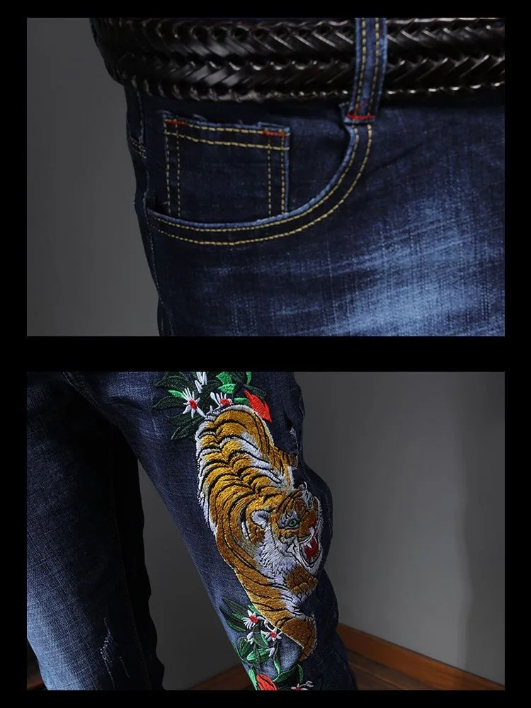 Men\'s Tiger Embroidered Jeans Men\'s Autumn and Winter New Spirit Guy Korean Fashion Versatile Slim Pants with Small Feet Trouser