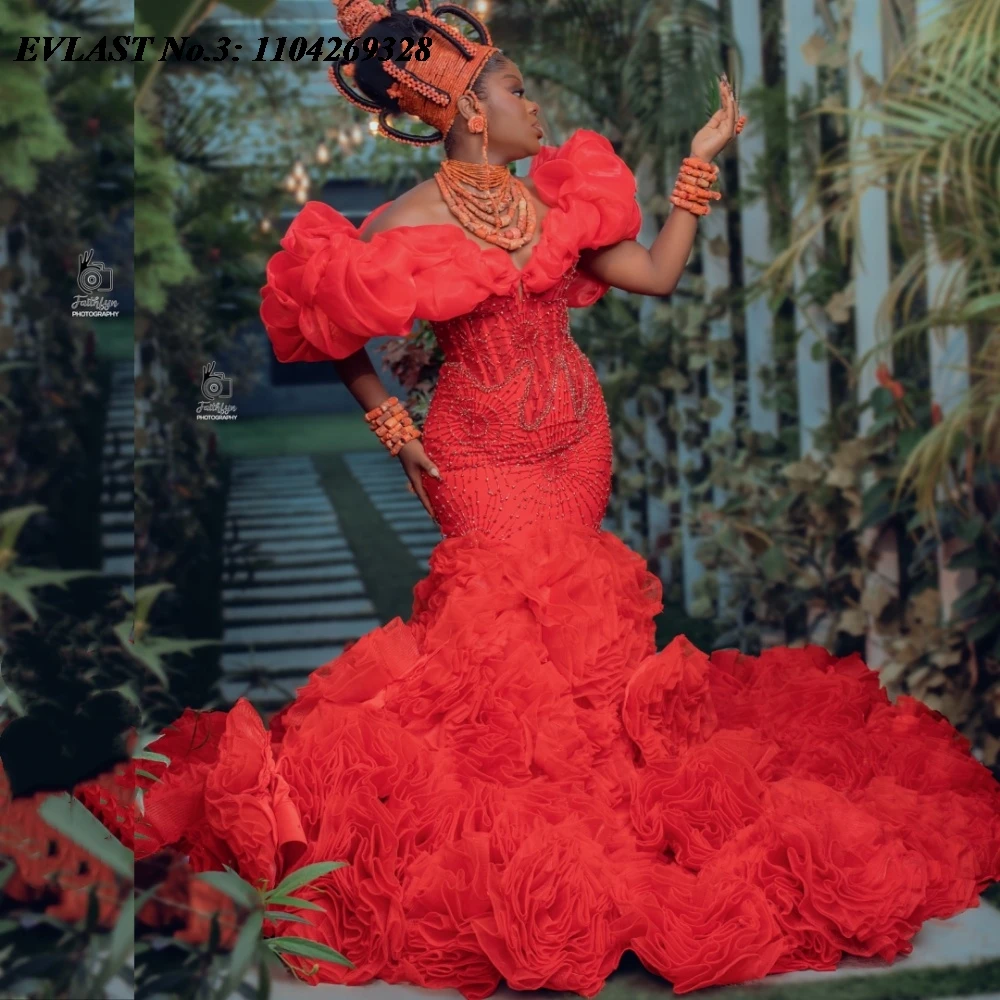 

EVLAST индивидуальное платье для выпускного вечера в африканском стиле с красной русалкой, черное вечернее платье с цветочными оборками и бриллиантами, расшитое бисером, Robe De Soirée E3P625
