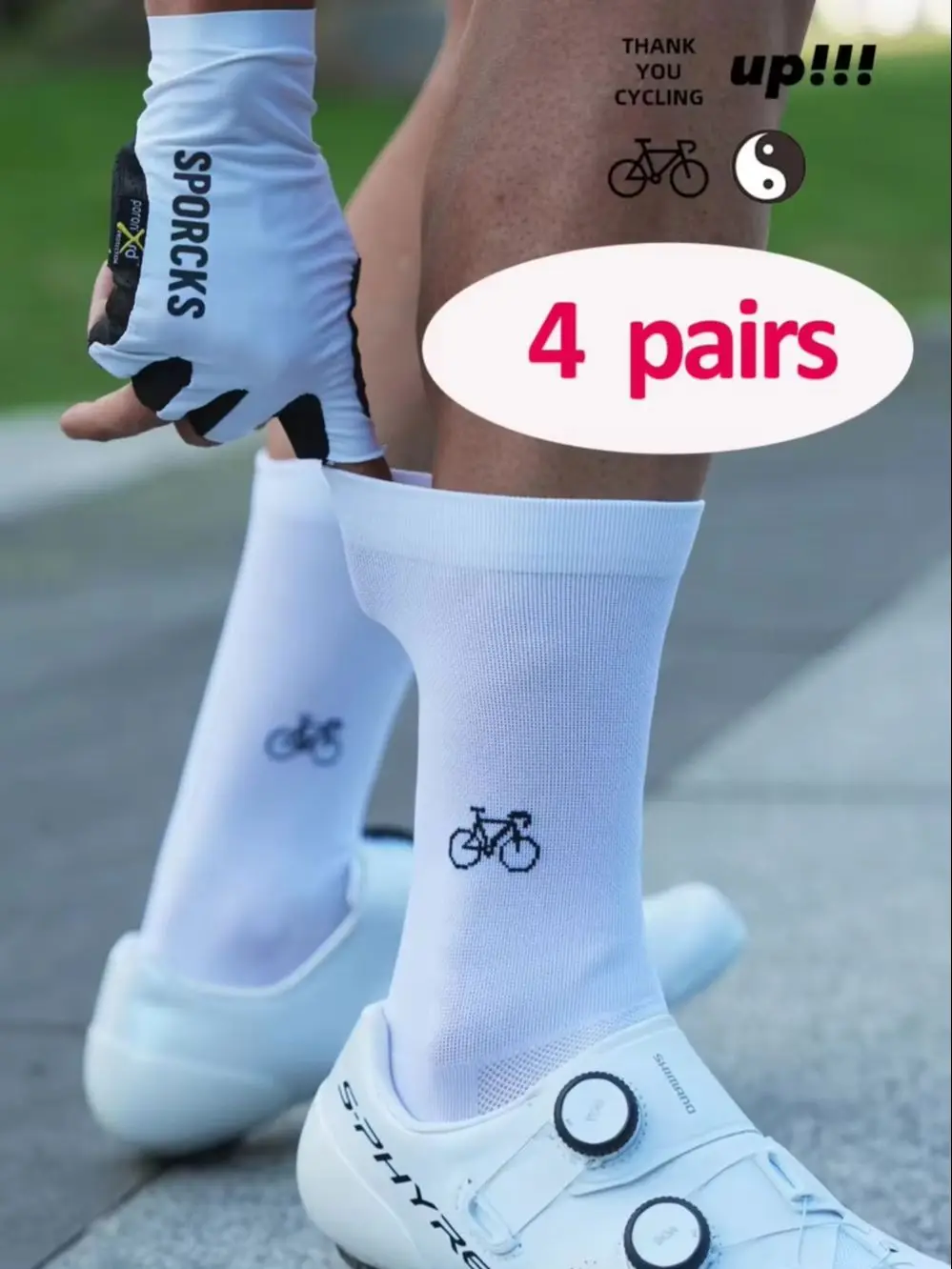 AliExpress NONE [4 Pairs] Sporcks Bicycle Pattern Cycling Socks Spring and Summer Men's and Women's Road Cycling Sports Trendy Breathable High Elasticity Wear-Resistant Mid-Tube Socks