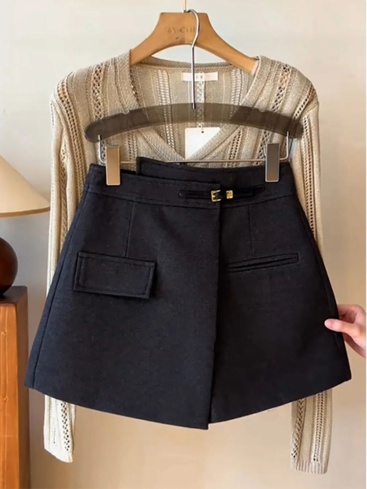 High Waist A-Line  Skirt Pants Suit Wide Leg Pants Korean Style Commute Wind Short Pants Woolen Material Youthful