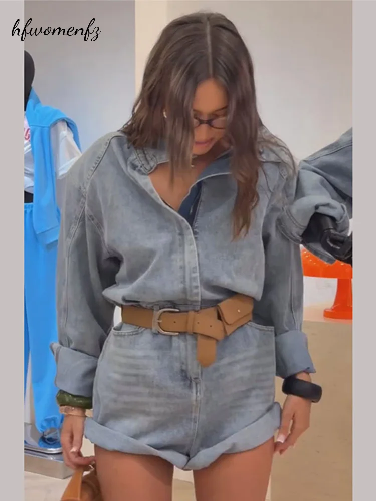 Street Women's Denim Short Jumpsuit Zipper Long Sleeve Lapel One‑piece Loose Blue Romper Vintage Rolled Hem Jean Short Overalls