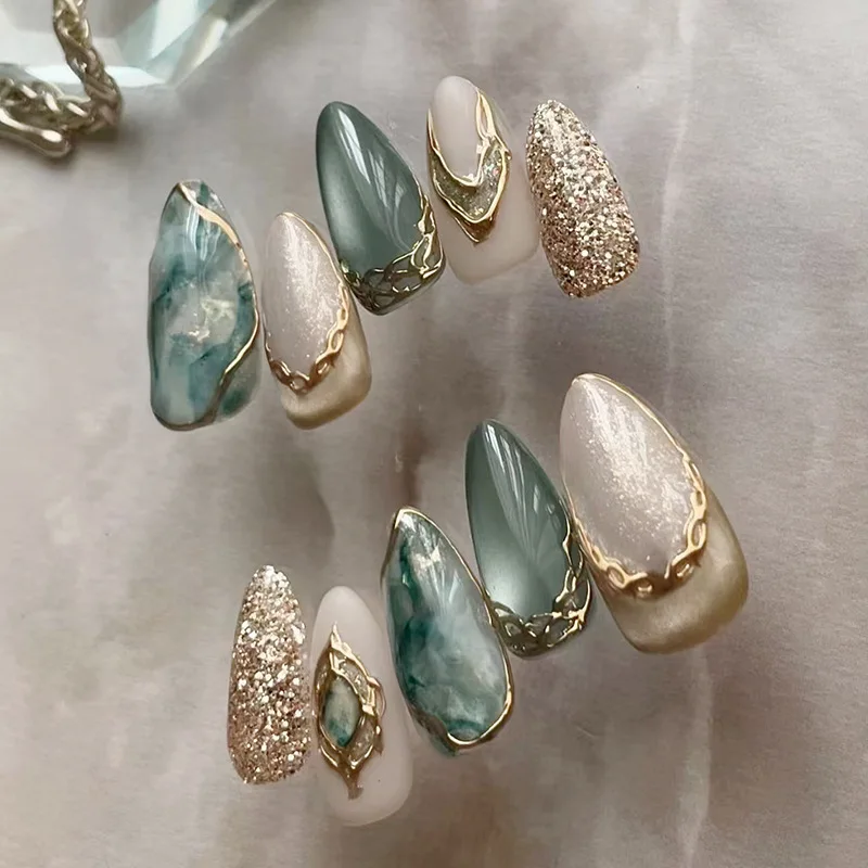 

24Pcs Press On Nails - Short Almond Green Marble False Nails with Gold Trim & Glitter, Luxury Reusable Fake Nails for Women&Girl