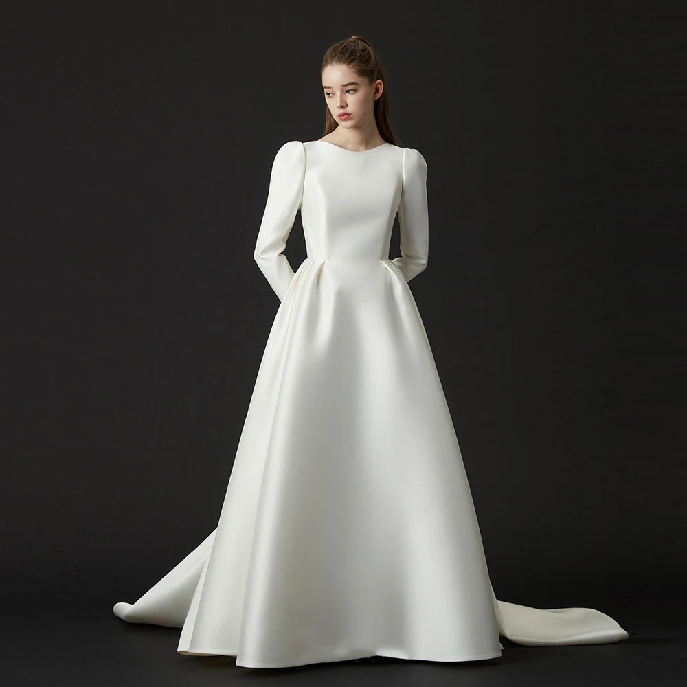 Robe de mariée en satin à manches longues et col rond pour patients, robe de mariée élégante, ligne A, fermeture éclair, classique, personnalisée, princesse, train de balayage