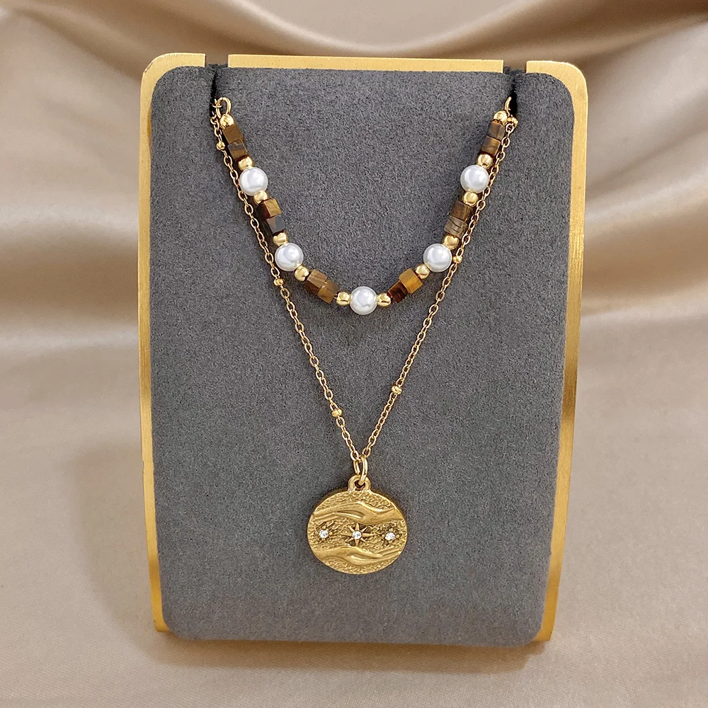 Retro Tiger's Eye Pearl Beaded Necklace for Women Men Boho Ethnic Coin Charms Gold Color Stainless Steel Necklaces Party Jewelry