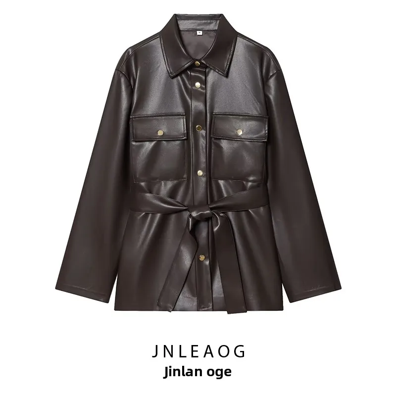 Faionable Long Leather Look Jaet con cintura Autunno New Sle Abbigliamento donna Versatile Sli Capispalla per Busin