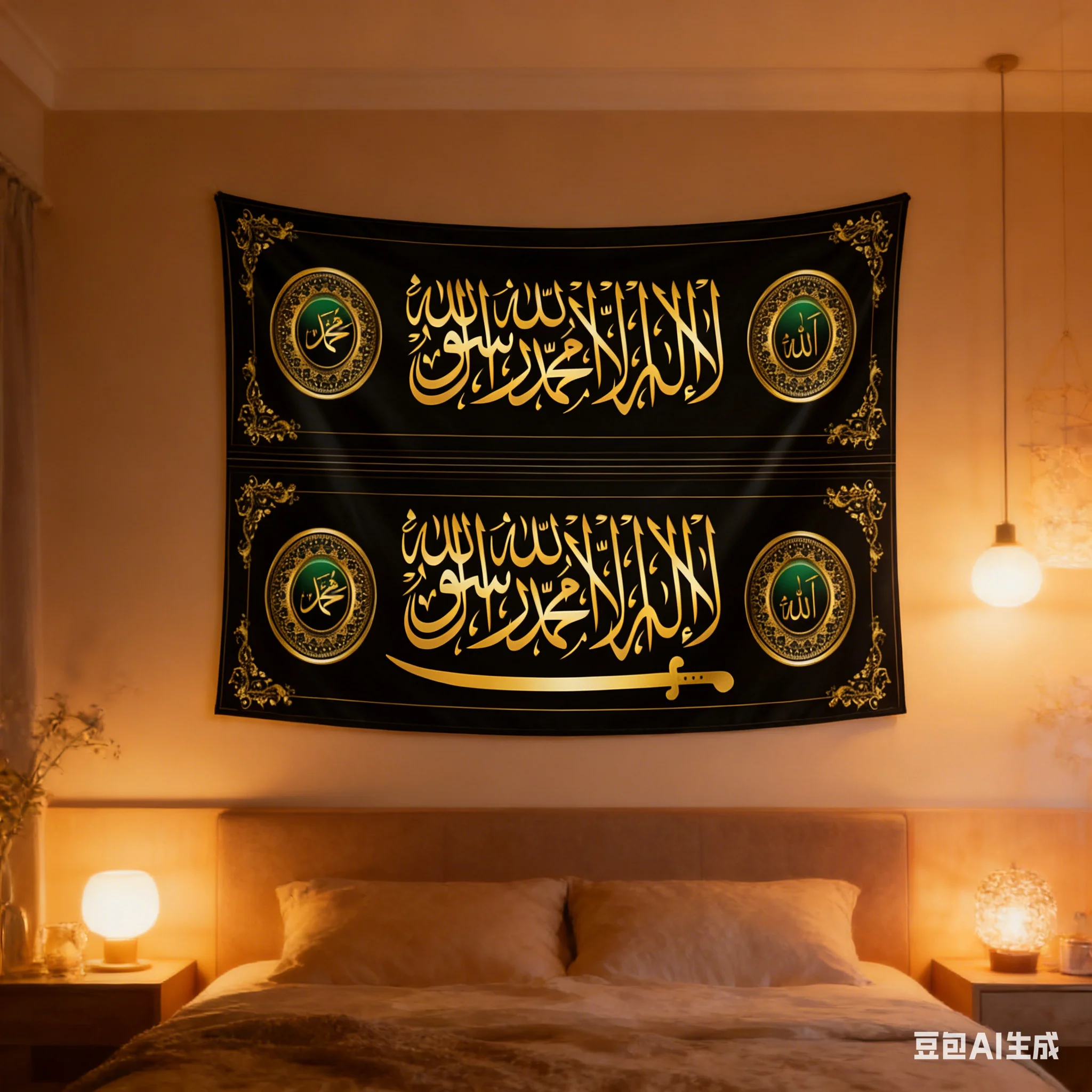 Islamische Kalligrafie-Wandteppiche in Verschiedenen Größen mit Goldfolien-Druck, Schwarzer Arabischer Halbmond, Polyester für Schlafzimmer, Wohnzimmer, Studentenwohnheim und Reisen
