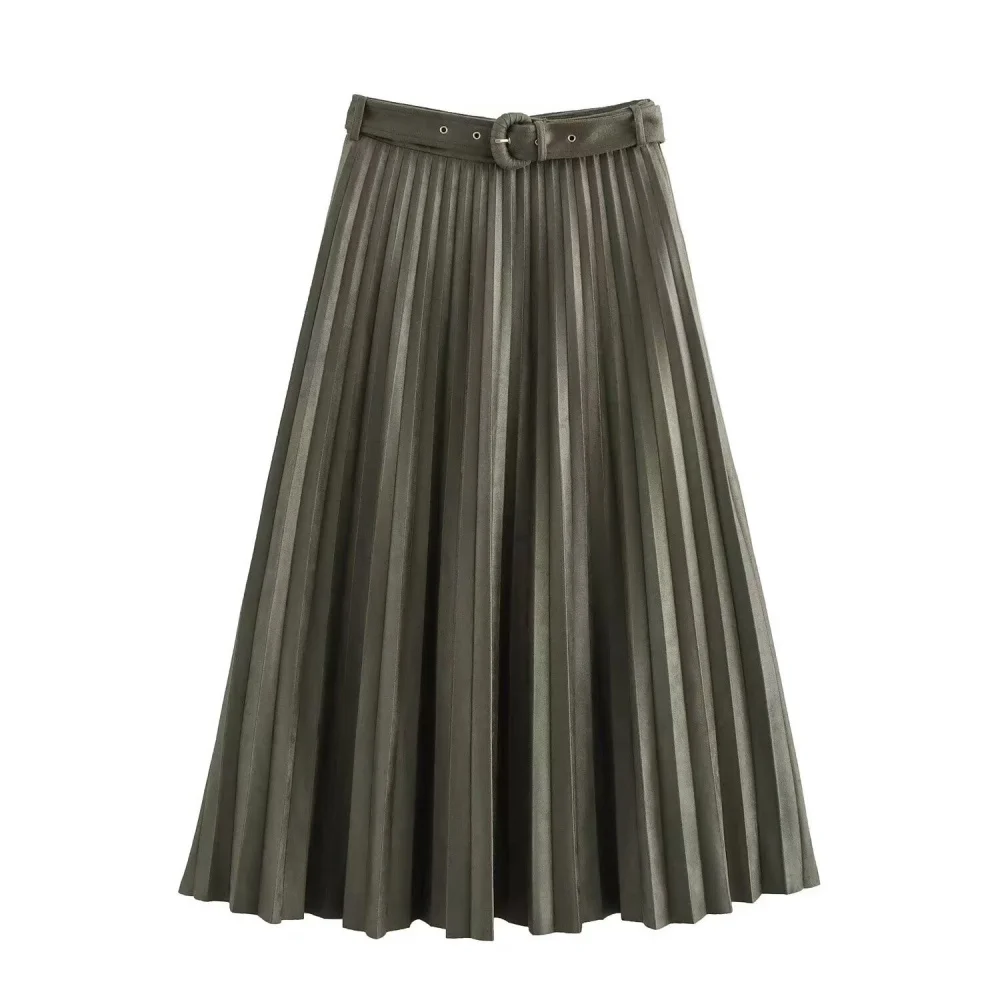 

2024 autumn new fashion women's clothing simple and versatile suede texture pleated skirt high waist temperament half skirt