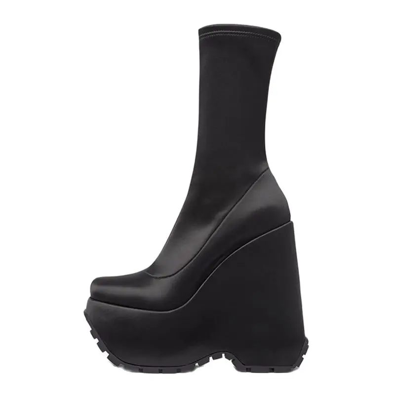 Arden Furtado-Botas cortas con cuña de satén para mujer, botines modernos de tacón superalto con cremallera lateral y punta redonda, talla grande, 2024