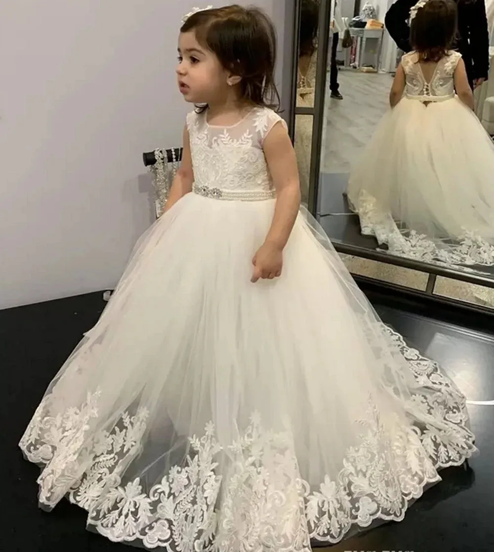 

Lovely Tulle Lace Print Fluffy Princess Flower Girl Dresses Wedding Party Ball First Communion Dresses Birthday Present