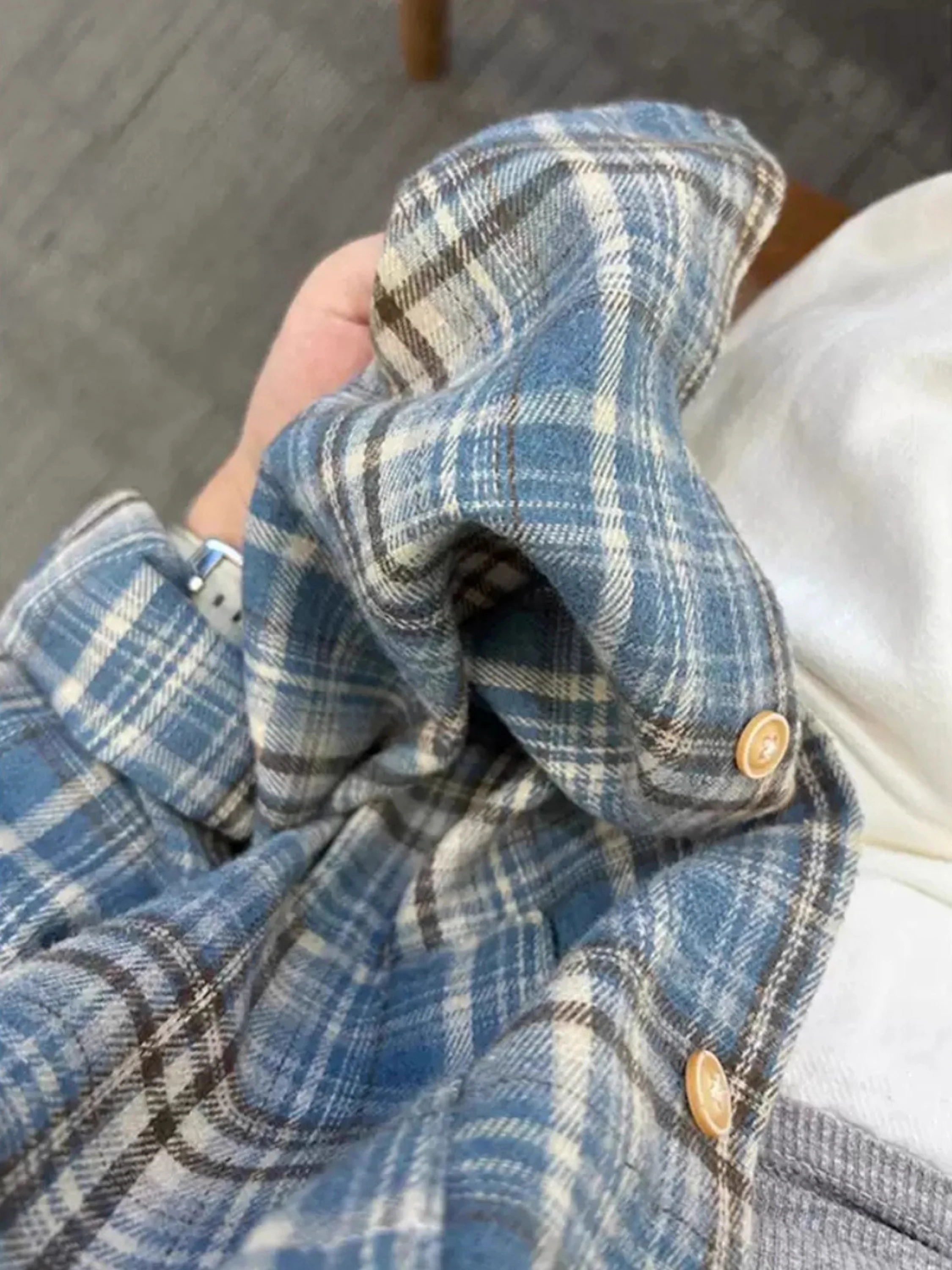 

Retro American Blue Plaid irt Women's Spring High Sensation Cool Long Sve Loose Match All Couples Outerwear