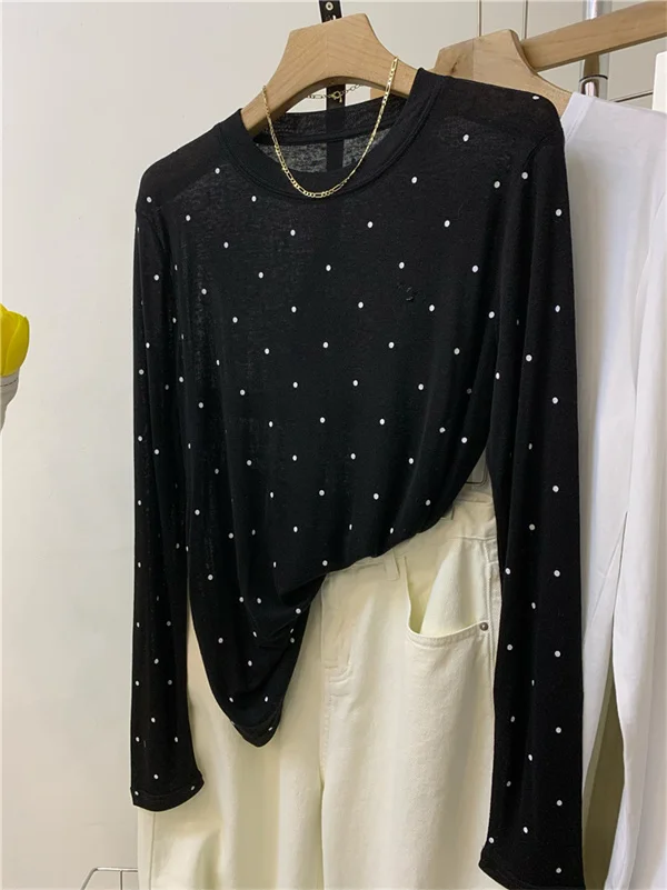 

Slimming Effect American Retro Minimalist round Neck Polka Dot Long Sleeve Women's T-shirt Loose Fit Base Shirt Trendy
