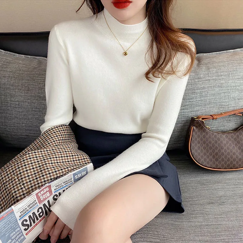 Fashion Half Turtleneck Pullover Sweater Elegant Long Sleeve Basic Knitted Tops Autumn Winter Jumper Women Clothes Sueter 23944