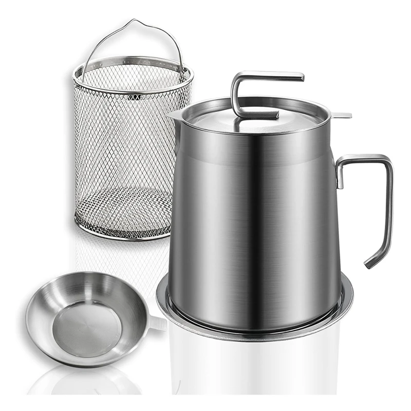 

Stainless Steel Oil Filter Pot Bacon Grease Container 1.8L Oil Fryer And Filter Cup Combo With Frying Basket