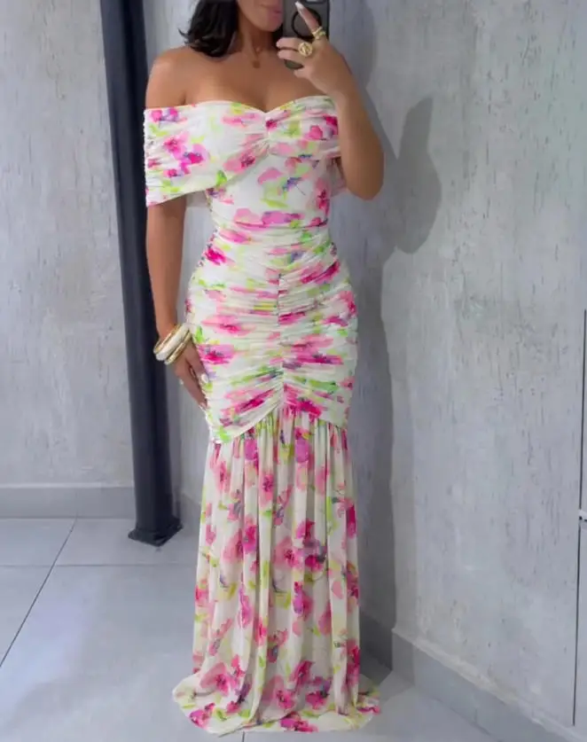 

Women Dresses 2026 New Fashion Floral Print Foldover Off Shoulder Ruched Maxi Dress Elegant Mermaid Hem Party Dress