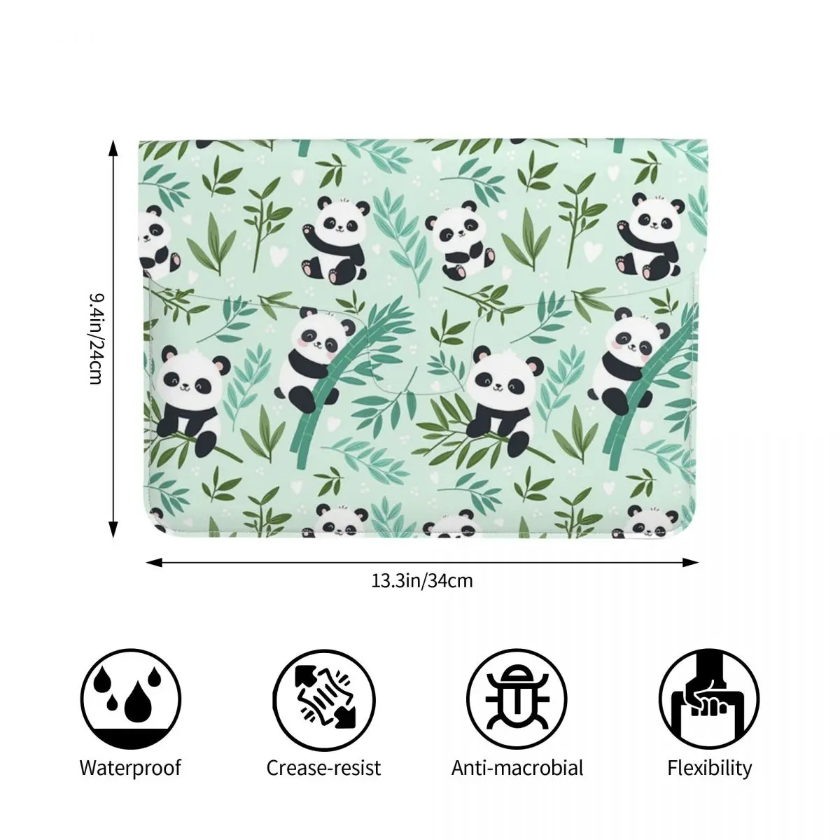 Cartoon Panda And Bamboo Pattern PU Leather Horizontal Laptop Sleeve Shockproof Soft Lining Notebook Case 13 Inch