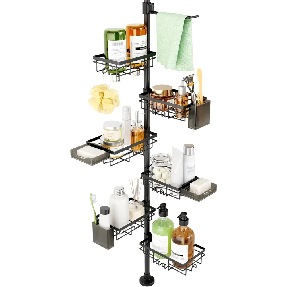 

Rustproof 6 Tier Adjustable Tension Pole Corner Caddy with Soap Tray and Hooks 30 to 121 Inch Black