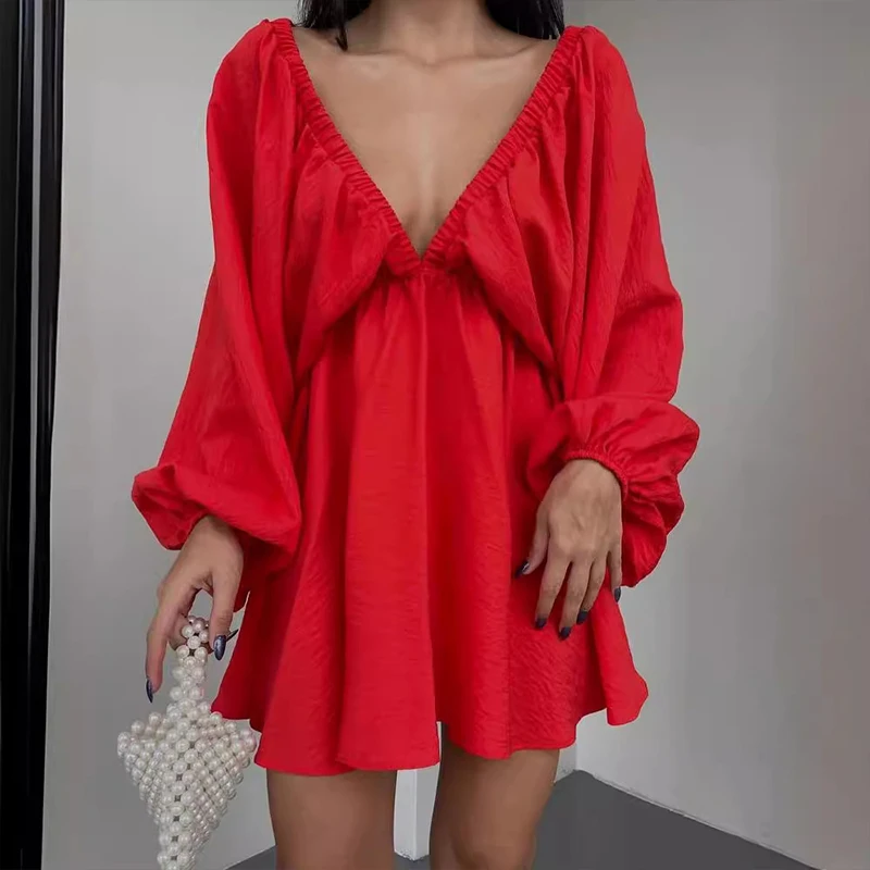 Front Back Pleated Deep V Neck Backless Women's Dress Solid Color Bubble Sleeve Big Hem Dresses Female Commuter Gown Vestidos