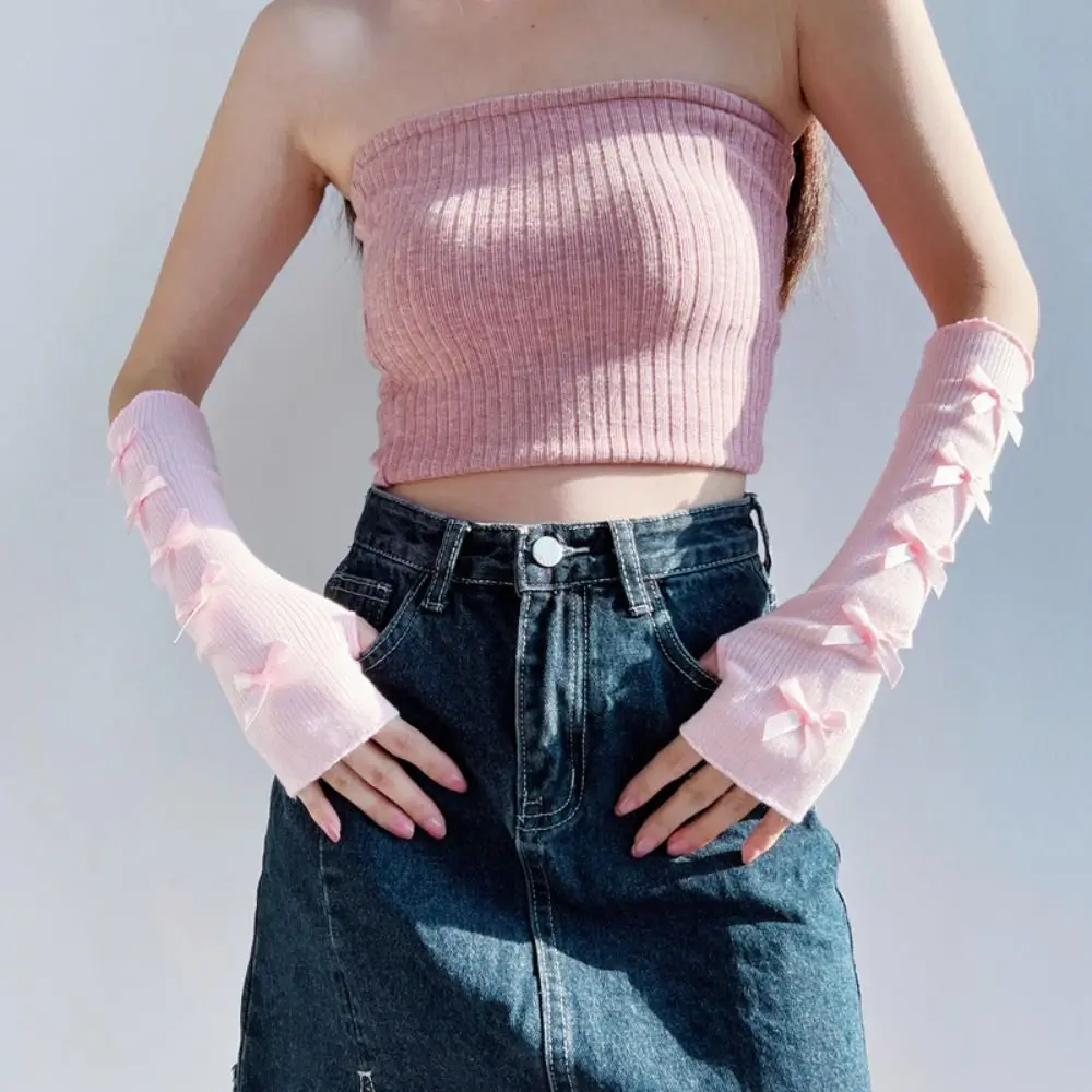 

Elastic Y2K Warm Sleeves Ballet Style Bowknot Bow Knitted Gloves Korean Style Sweet Fingerless Arm Warmers Clothing Accessories