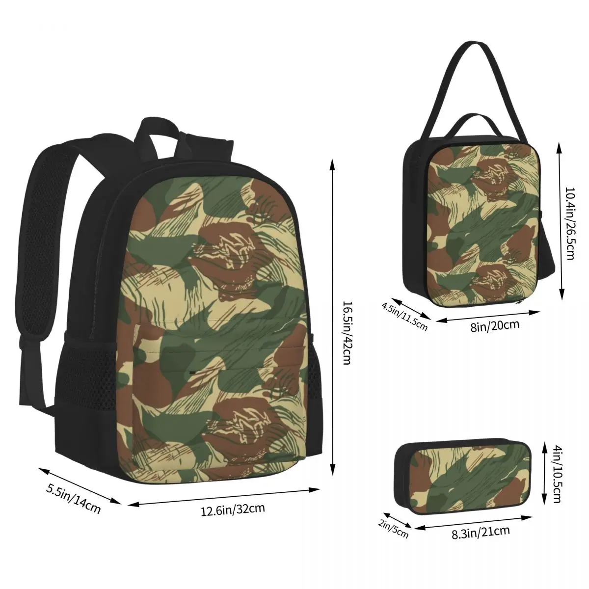 Rhodesian Brush Stroke Camouflage Backpacks  Bookbag Students School Bags Kids Rucksack Lunch Bag Pen Bag Three-Piece Set