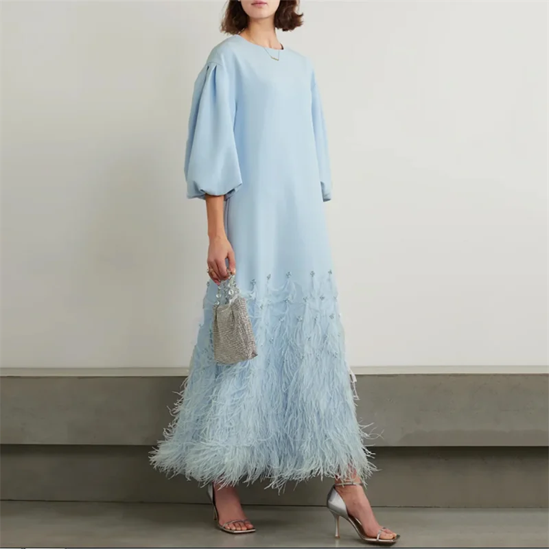 

Бледно-голубое вечернее платье по индивидуальному заказу с перьями и рукавами 3/4, камнями до щиколотки, трапециевидное платье для выпускного вечера в Саудовской Аравии, повседневное вечернее платье