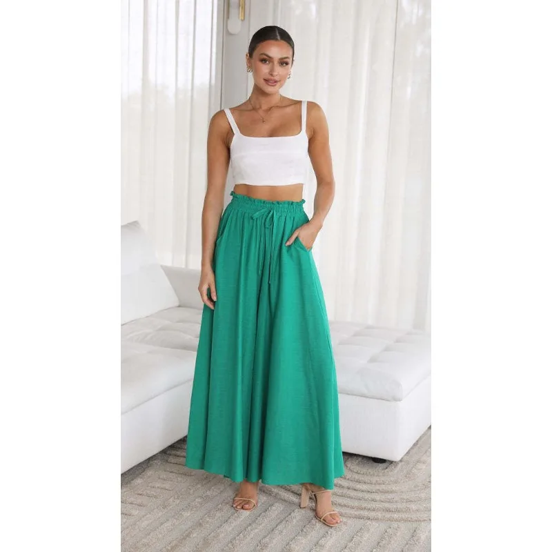 Zomer Nieuwe Dames Temperament Wijdbeens Broek Mode Effen Kleur Elastische Tailleband Losse Casual Hoge Taille Broek Vrouwelijke