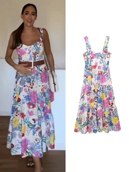 TRAF New Summer Holiday Spaghetti Strap Dress 2024 Women Fashion Flower Print Beach Vacation Midi Vestidos Camisole