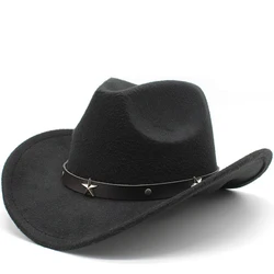 New Women's Men's Wool Hollow Western Cowboy Hat With Solid ribbon Gentleman Lady Jazz Cowgirl Jazz Toca Sombrero Cap