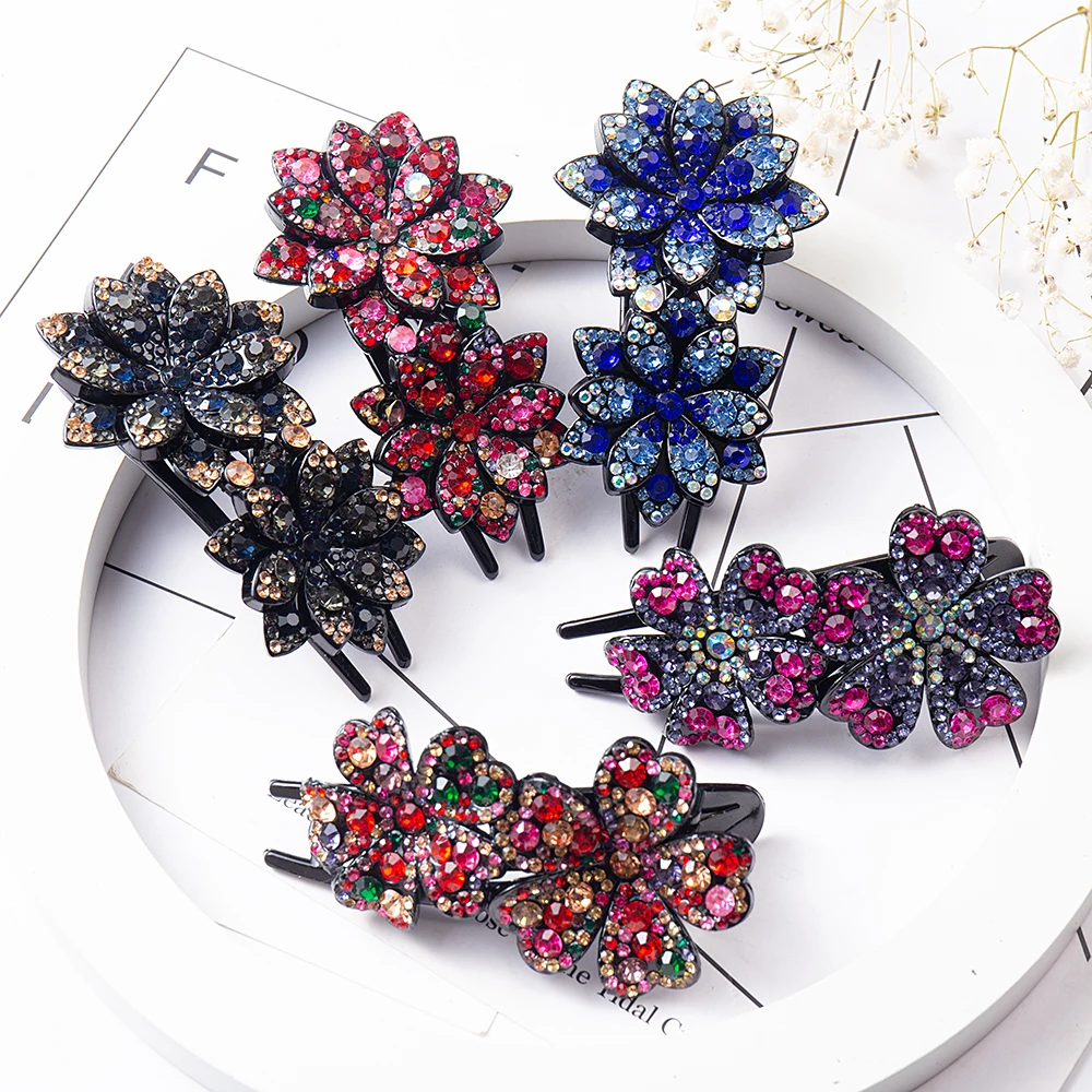 Colorful Rhinestone Hairpin Flower Duckbill Hair Claws Barrettes Vintage Hair Clips For Women Ponytail Hair Accessories Headwear