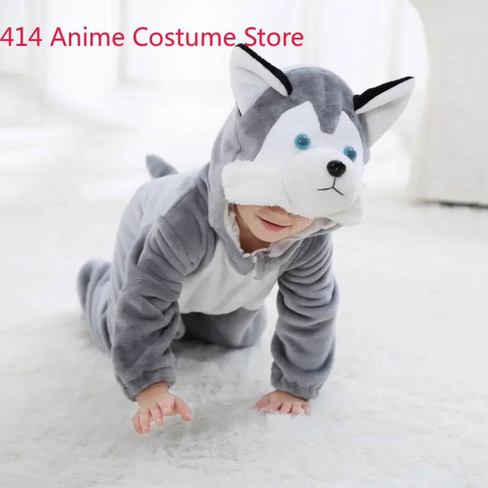 Baby Husky Dog Costume Kigurumi Cartoon Animal Rompers Infant Toddler Jumpsuit Flannel Halloween Fancy Dress