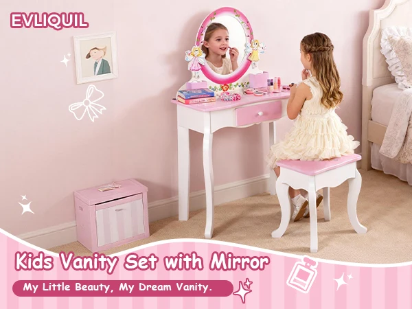 Kids Vanity Set Floral Printed Wooden Makeup Dressing Princess Table with Mirror and Stool for Role Playing Pink Kids Vanity image 6