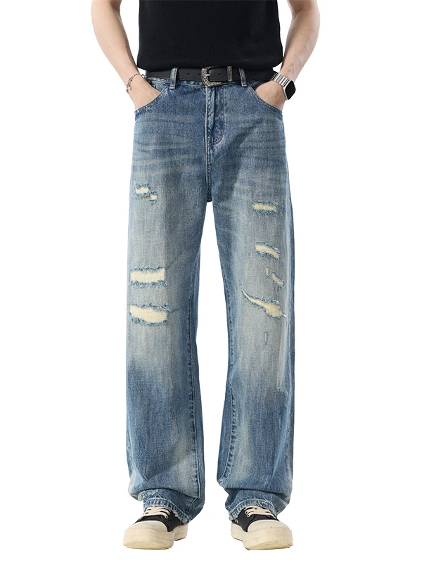 

Spring American Retro Style Light Blue Men's Jeans Loose Straight Leg Wide Leg Pants Casual Wear Breathable Comfortable Fit