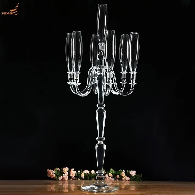 150cm Tall Gray Glass Cylinder Floor Candelabra 7 Arm Metal Stand Wedding Party Centerpiece Decoration Event Home Decor Large