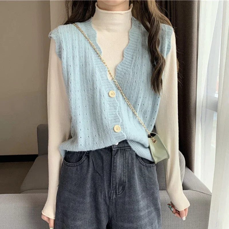 Gentle Solid Sweater Vests Women Candy Wave Single Breasted Classic Simple Knit V-neck Sweaters Cardigan Females Chic Sleeveless