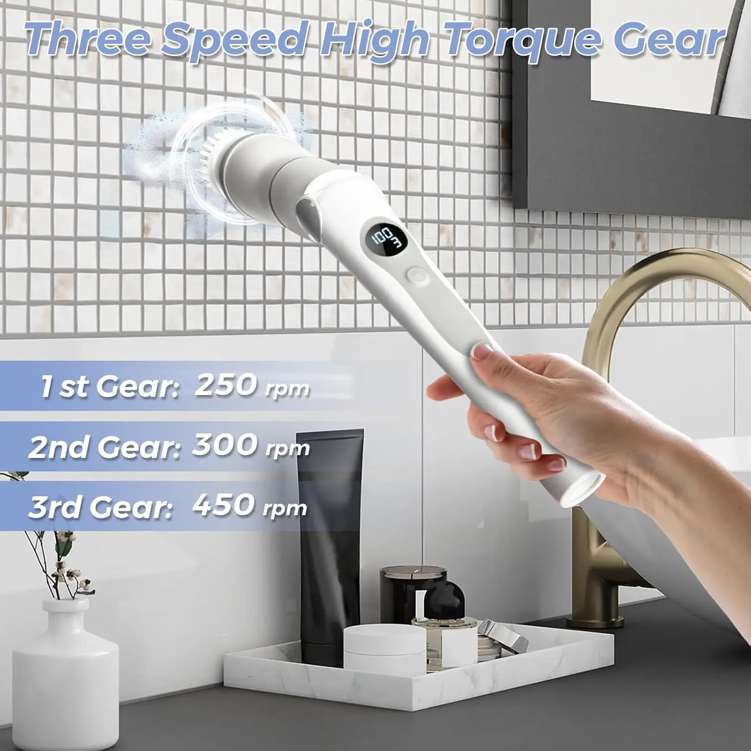 Electric Spin Scrubber, Cordless Cleaning Shower Brush 8 Cleaner Heads LCD Display 3 Speeds Adjustable Extension Handle I