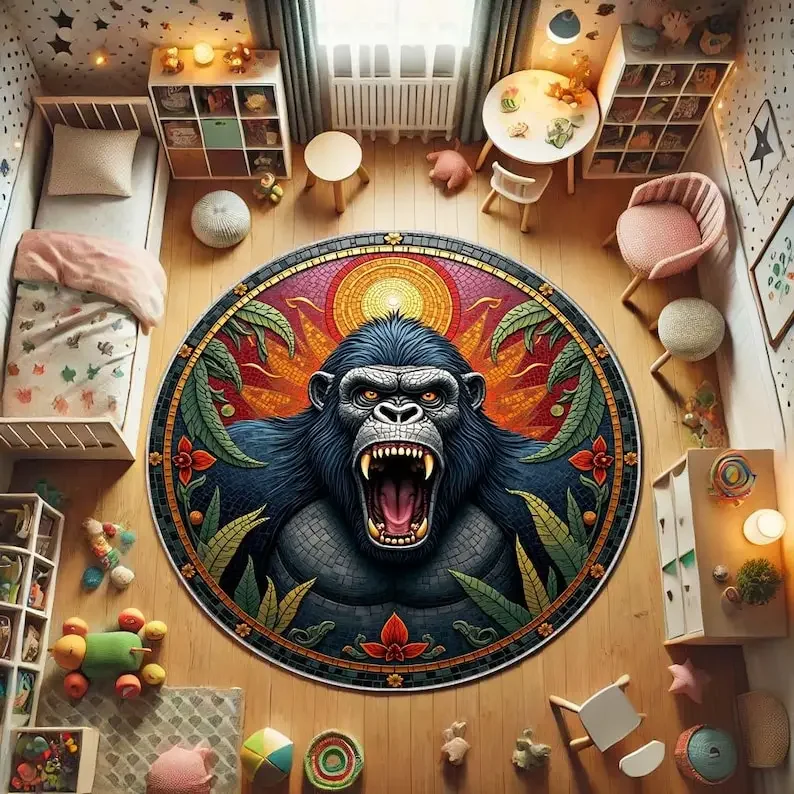 Wild Gorilla Round Rug, Jungle Animal Circle Carpet for Boys Room,Fierce Primate Safari Decor,Non-Slip King Kong Theme Floor Mat