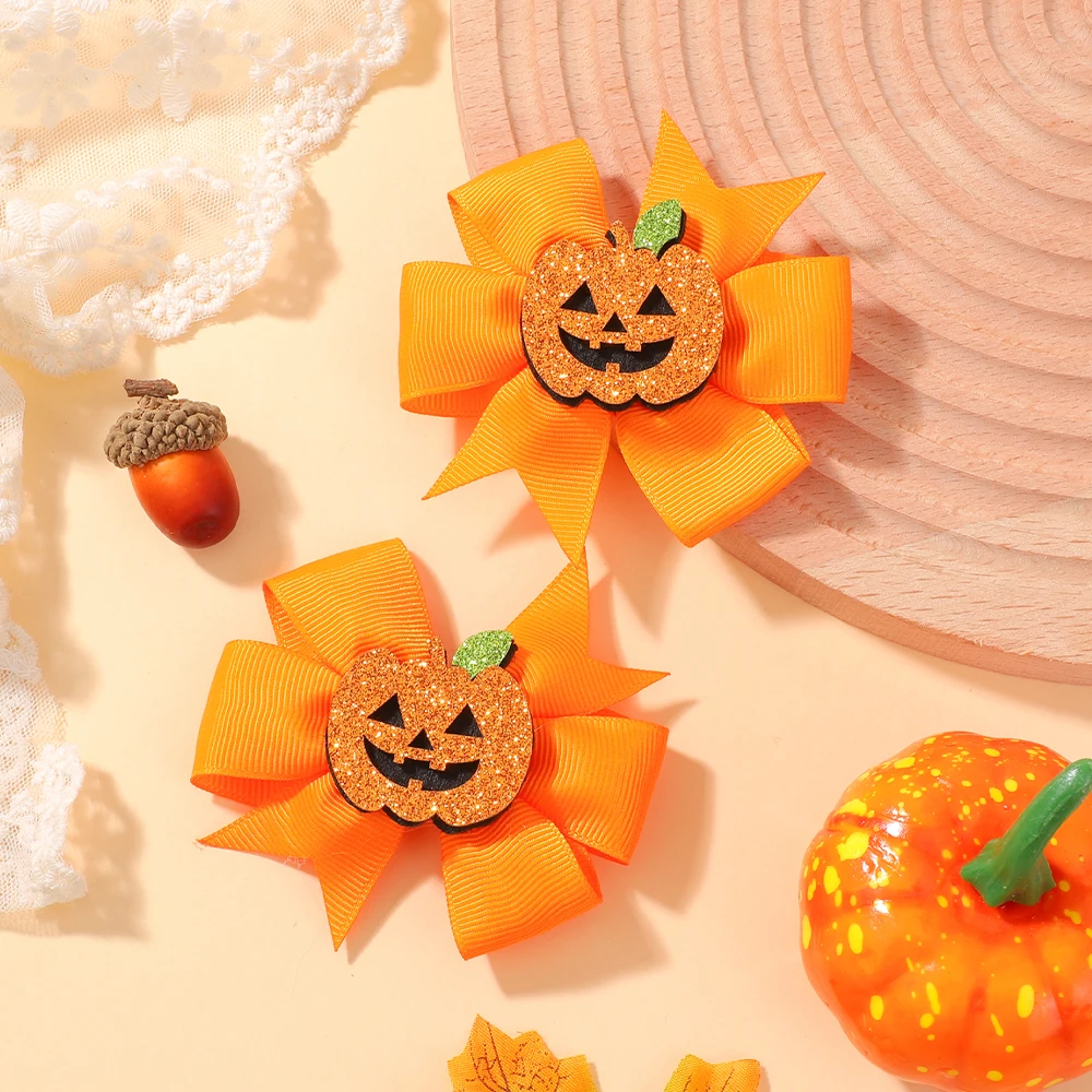 

RIBBON BOWS 2Pcs Pumpkin Shiny Bow Hair Clips for Girls Ribbon Halloween Decorate Hairpin Kids Party Hair Accessories