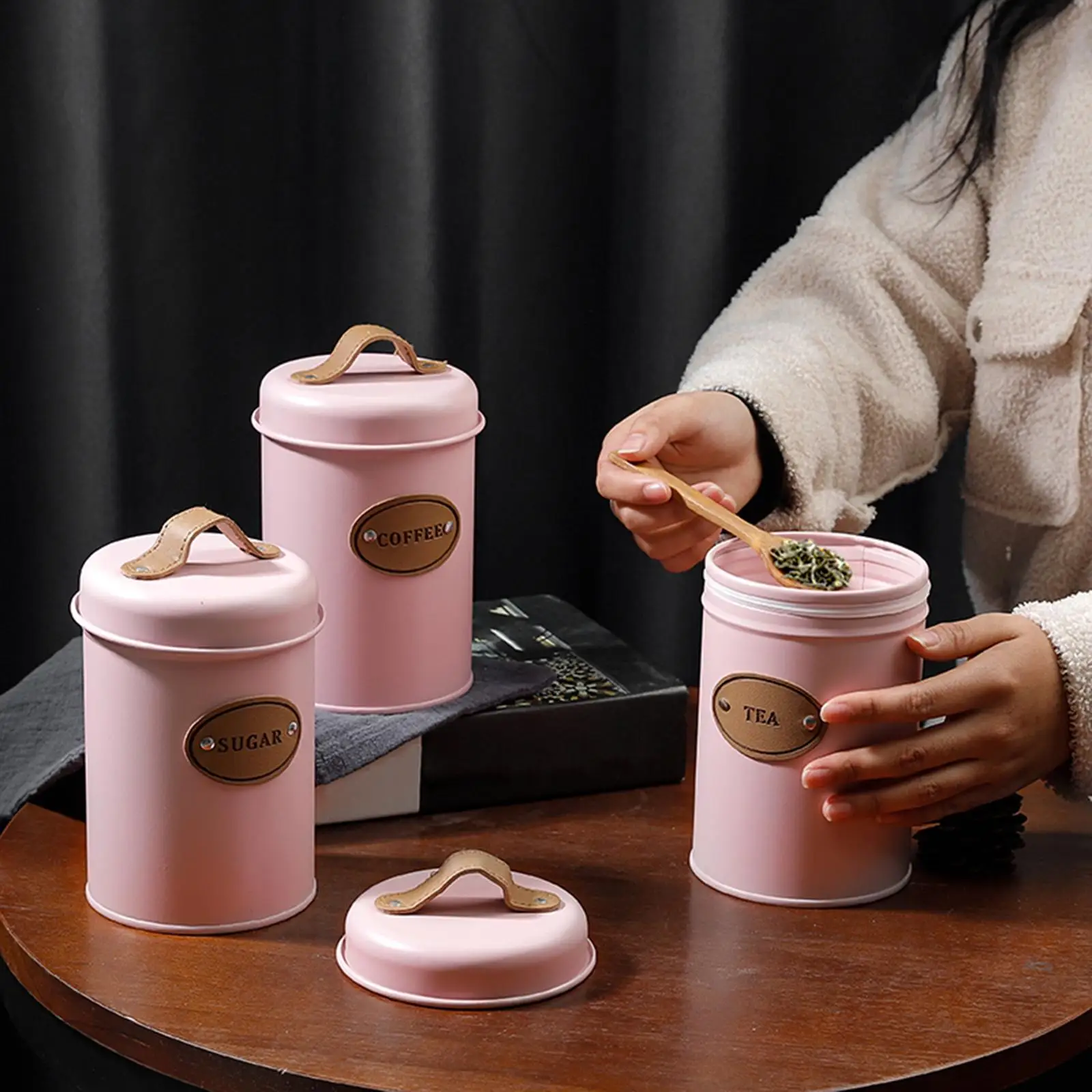 3Pcs Sugar Coffee Tea Containers Set Airtight Lid Can Tin Keep Goods Fresh Sugar Tea Coffee Jars for Kitchen Canisters Set