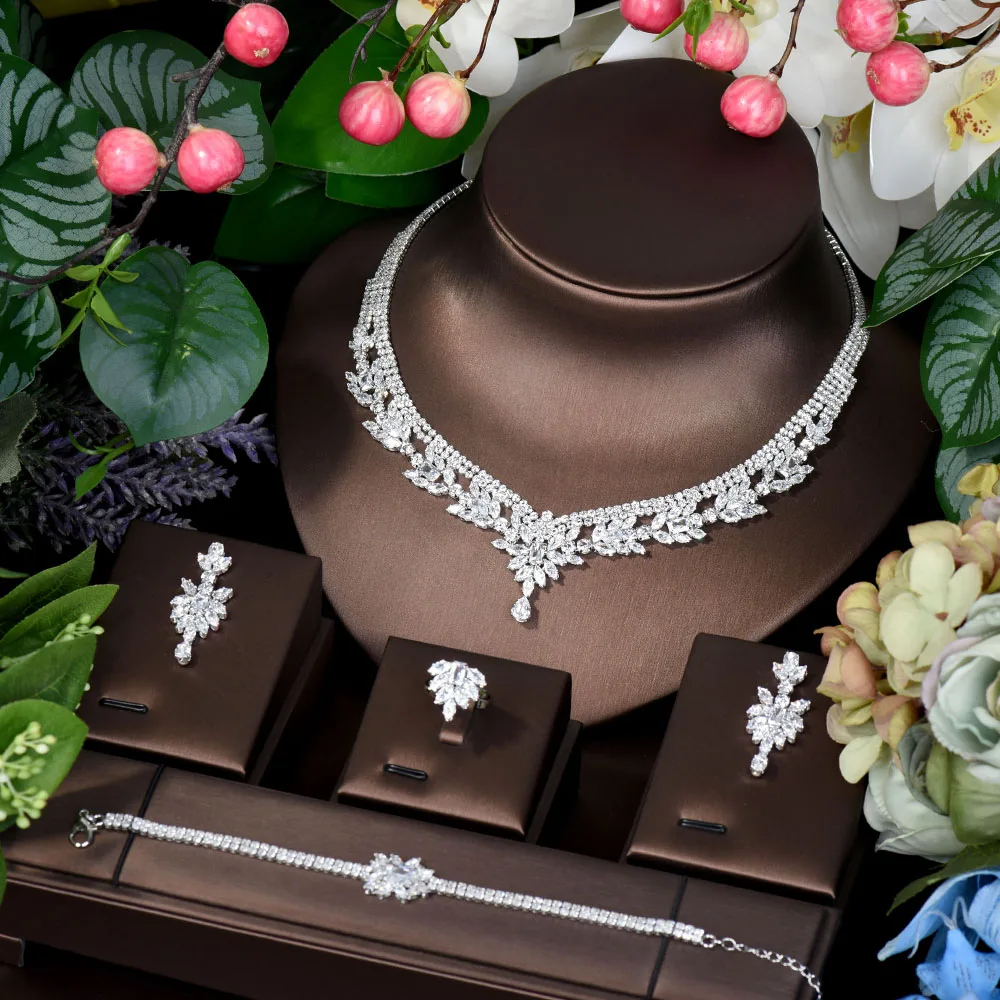 HIBRIDE Fashion Leaf Design Bridal Jewelry Sets Wedding Jewelry Party Accessories Bijoux Femme Set Jewelry With Zircon N-804