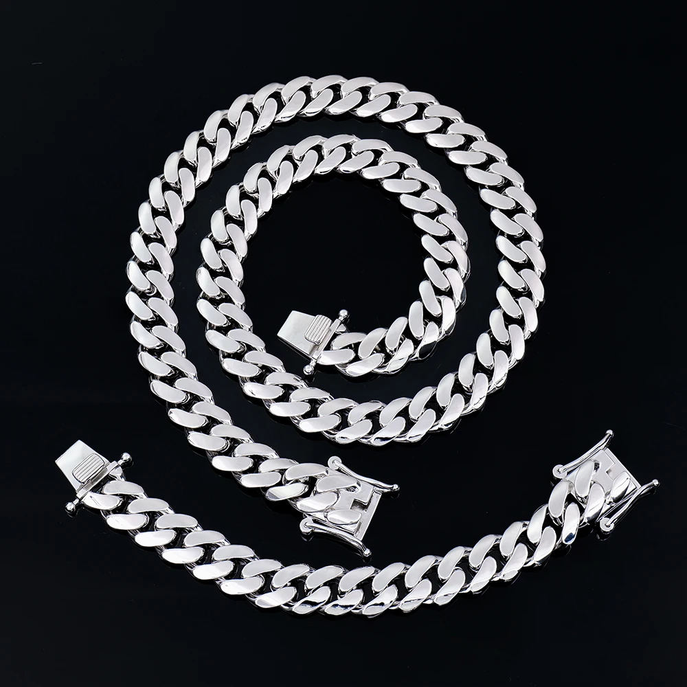 Polished 925 .Custom Sterling Silver Arc Style 14mm 18mm 8in Hip Hop Plain Cuban Link Chain Necklaces Bracelets for Youngster
